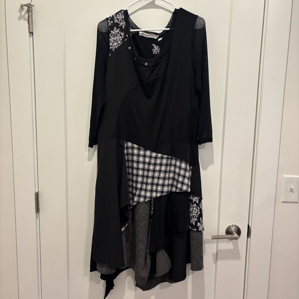 Rien Pour Vous Black Patchwork Gothic Midi Dress Mesh Sleeve Plaid Damask Asym